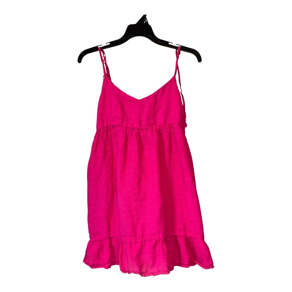 ZARA Hot Pink 100% Linen Tie Strap Ruffle Hem Mini Dress S baby doll romantic